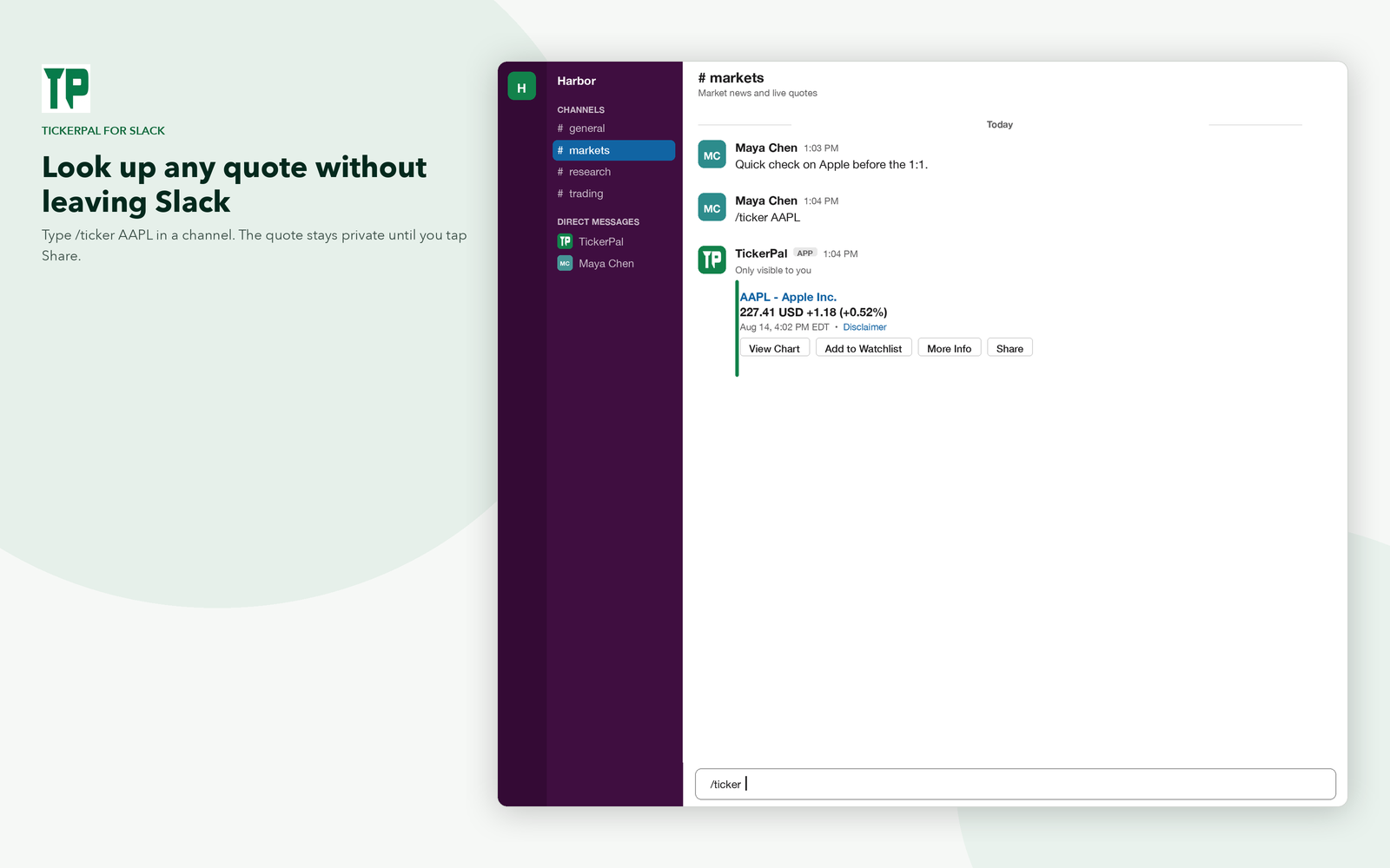 Looking up AAPL in Slack with the /ticker command
